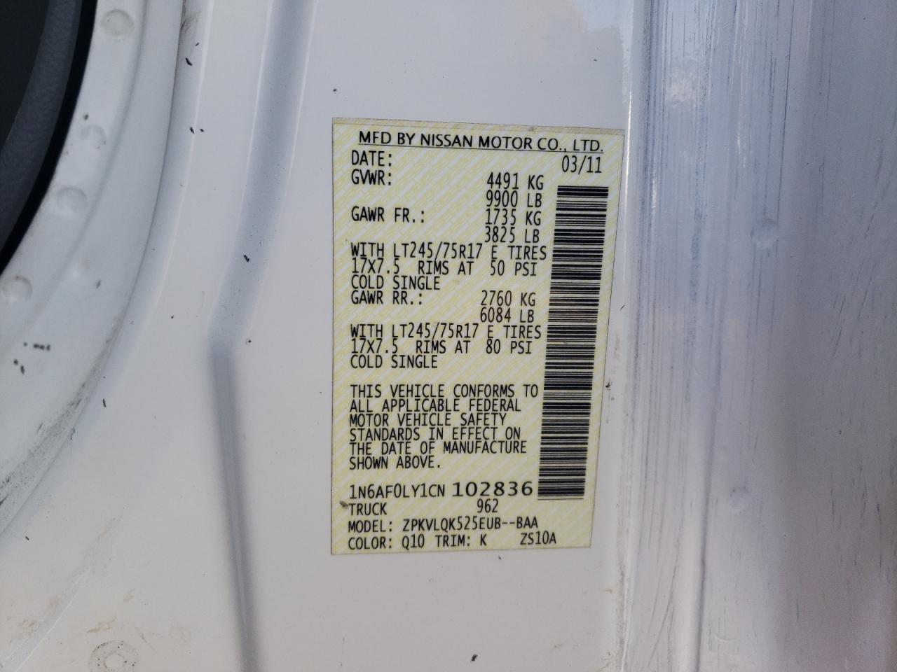 2012 Nissan Nv 2500 VIN: 1N6AF0LY1CN102836 Lot: 47412504