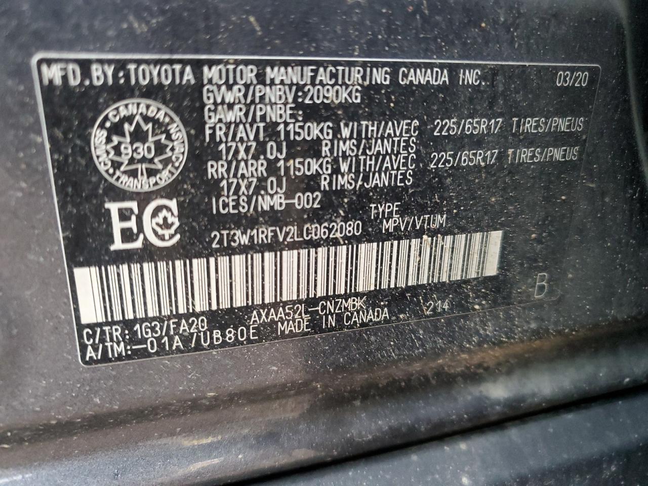 2T3W1RFV2LC062080 2020 Toyota Rav4 Xle