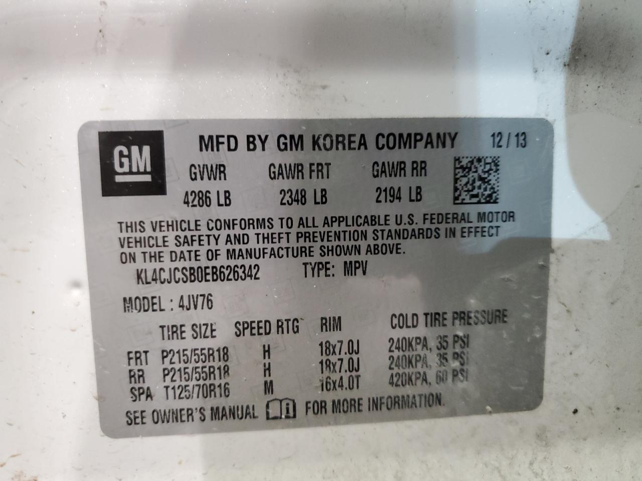 2014 Buick Encore VIN: KL4CJCSB0EB626342 Lot: 45710004