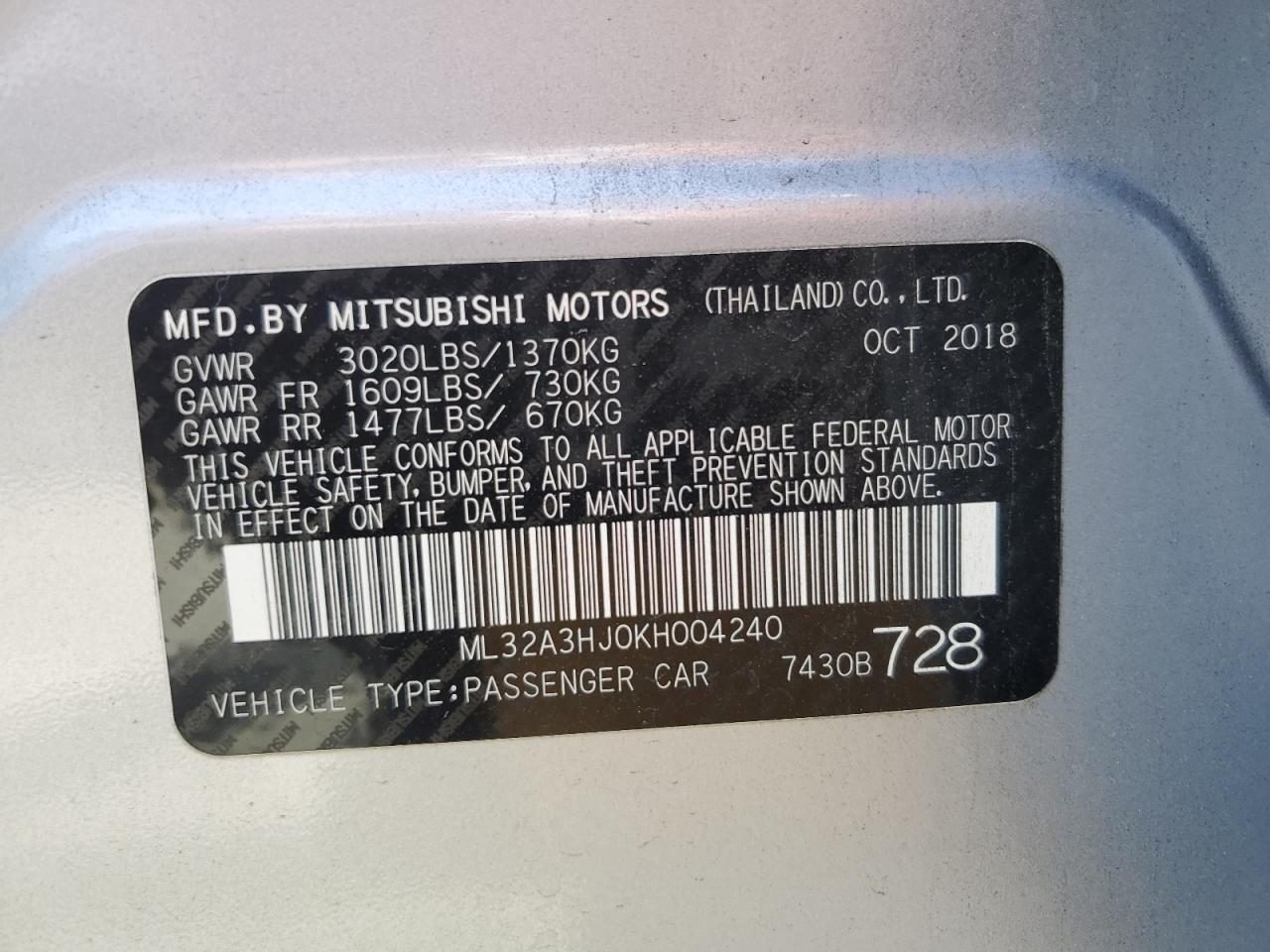 ML32A3HJ0KH004240 2019 Mitsubishi Mirage Es