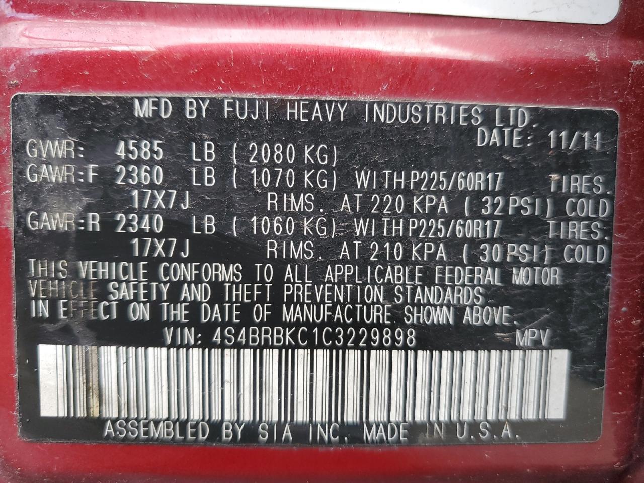 2012 Subaru Outback 2.5I Limited VIN: 4S4BRBKC1C3229898 Lot: 46668344