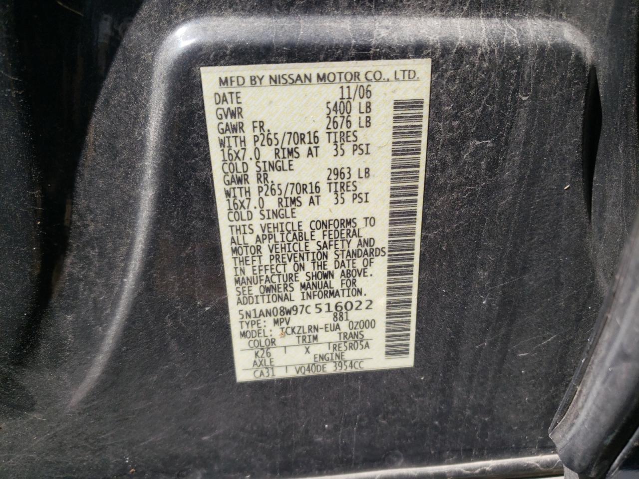 2007 Nissan Xterra Off Road VIN: 5N1AN08W97C516022 Lot: 48046694