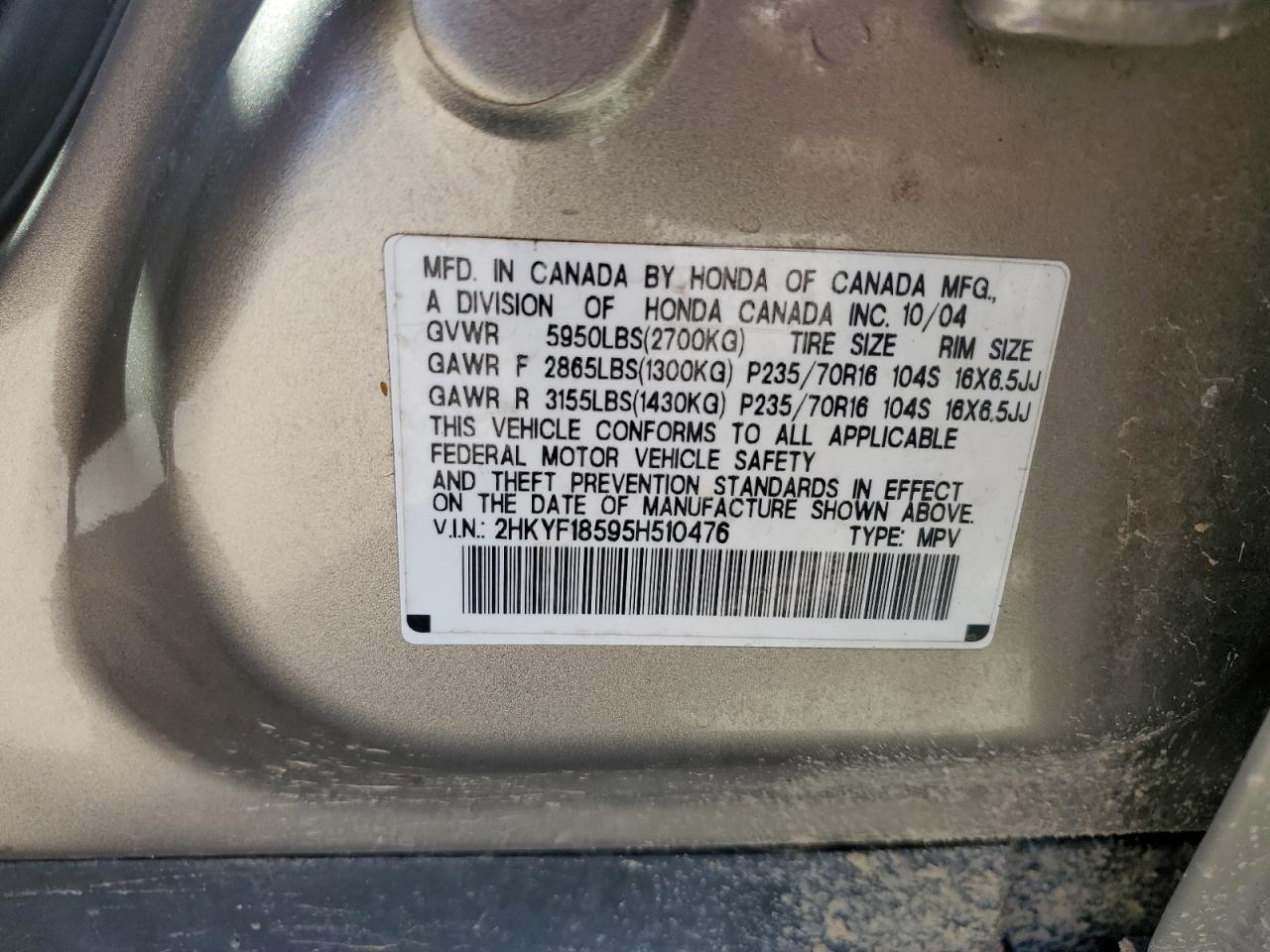 2005 Honda Pilot Exl VIN: 2HKYF18595H510476 Lot: 47238944