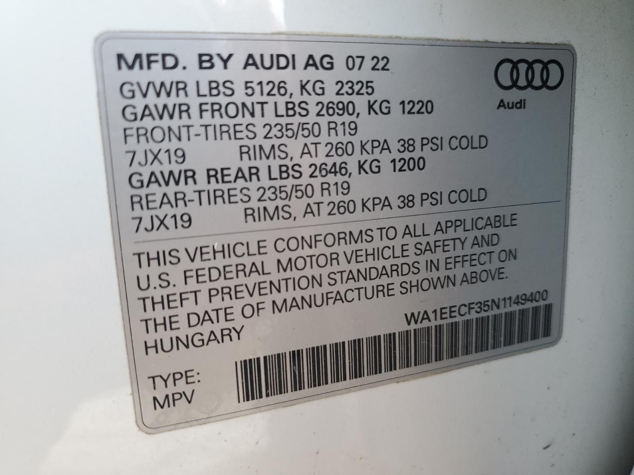 2022 Audi Q3 Premium Plus S Line 45 VIN: WA1EECF35N1149400 Lot: 48259094