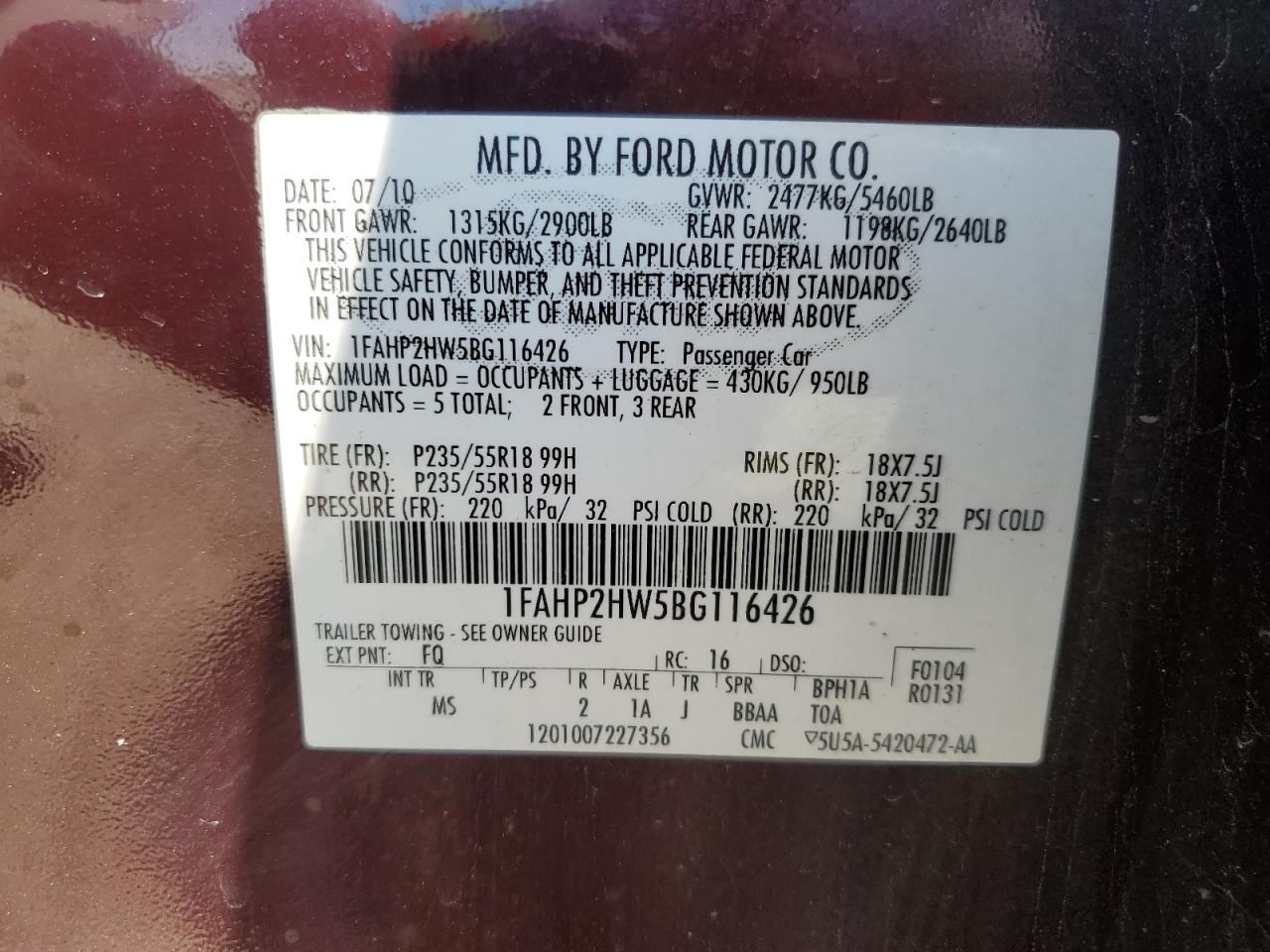 2011 Ford Taurus Sel VIN: 1FAHP2HW5BG116426 Lot: 48491554