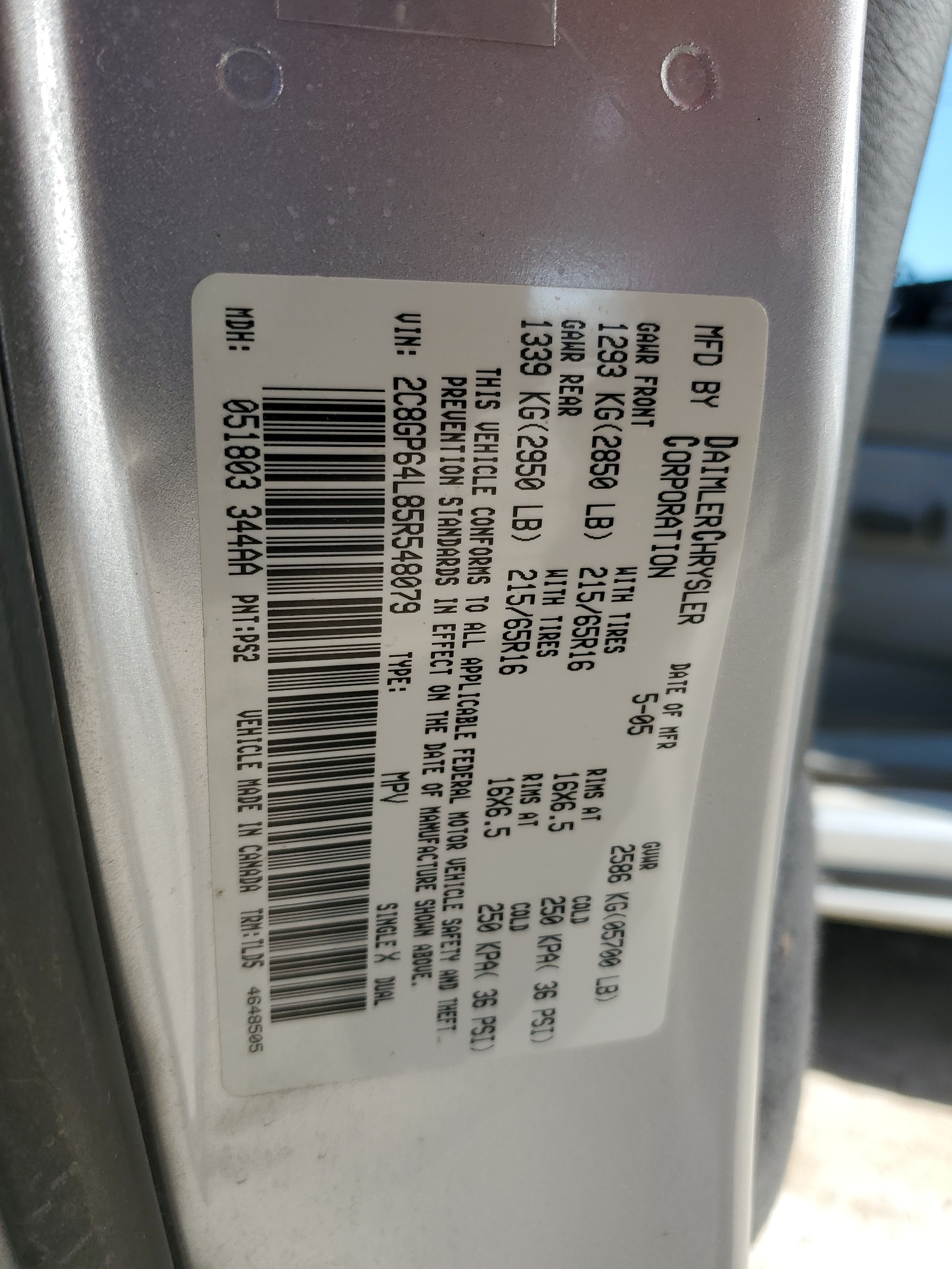 2C8GP64L85R548079 2005 Chrysler Town & Country Limited