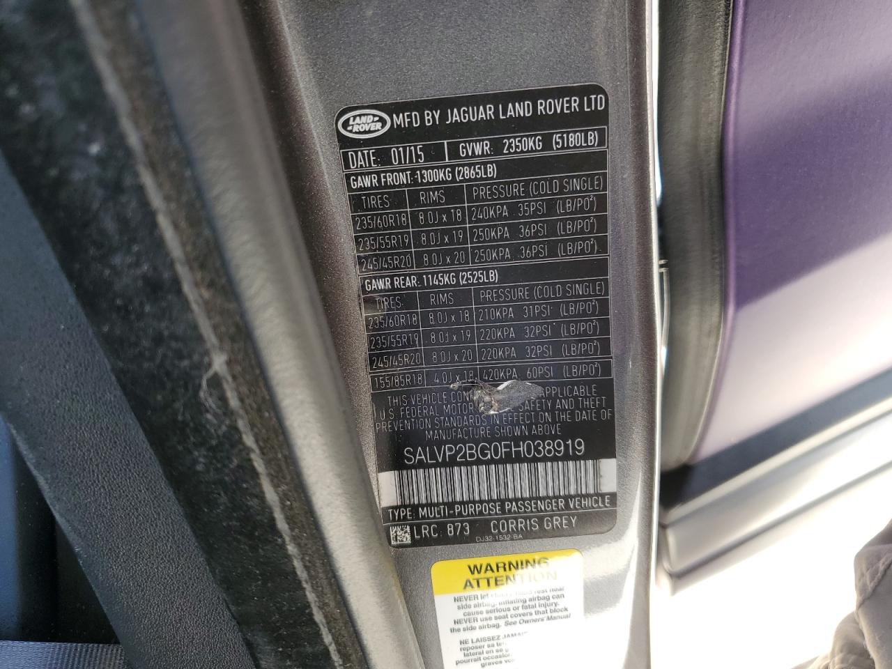 2015 Land Rover Range Rover Evoque Pure Plus VIN: SALVP2BG0FH038919 Lot: 46864254