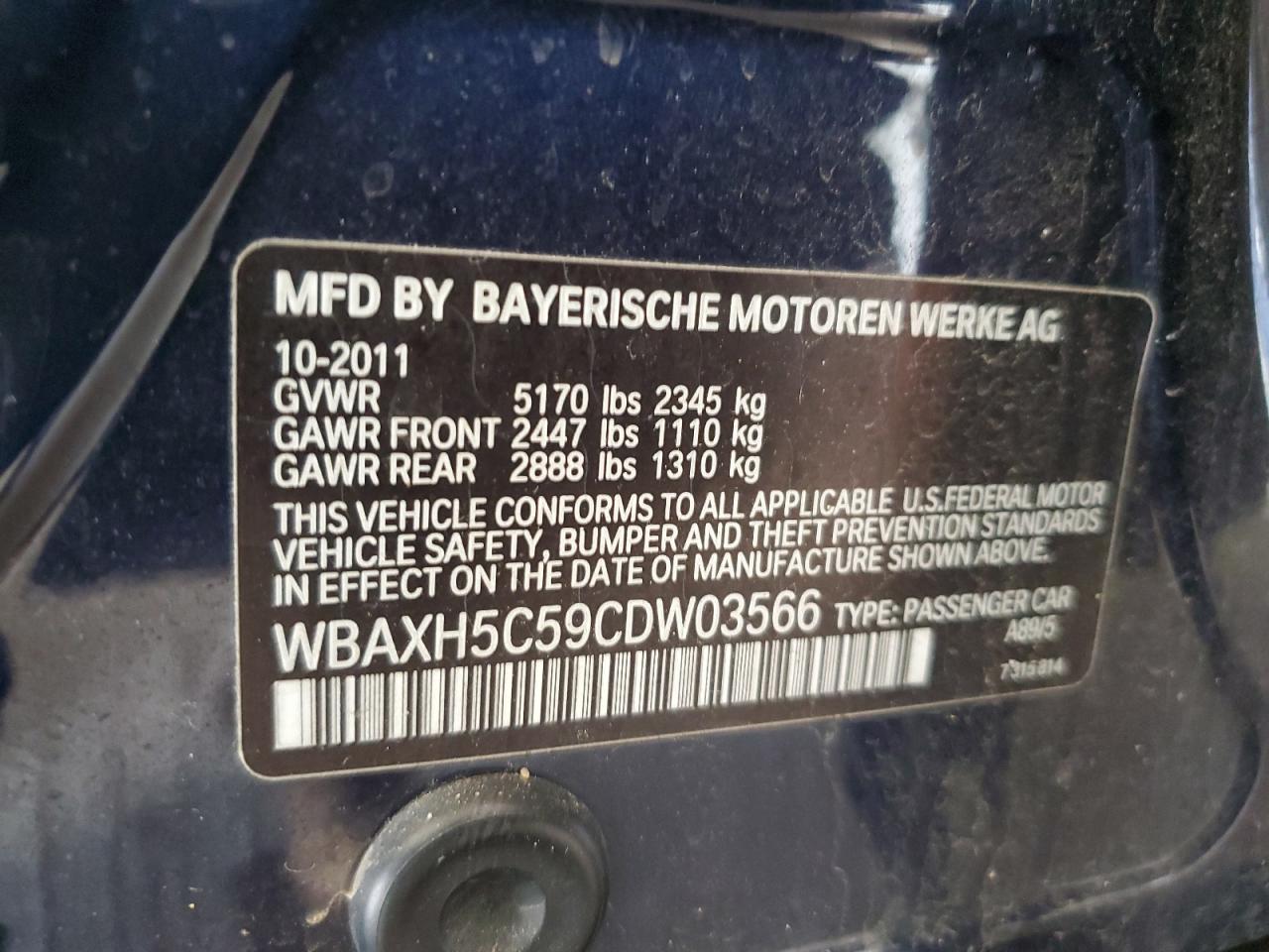 2012 BMW 528 Xi VIN: WBAXH5C59CDW03566 Lot: 45151844