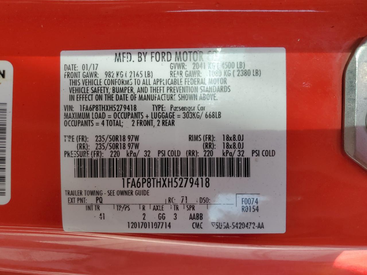 2017 Ford Mustang VIN: 1FA6P8THXH5279418 Lot: 46804964