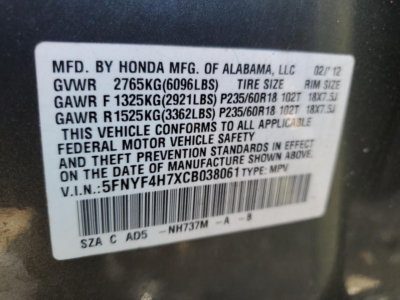 2012 Honda Pilot Exln VIN: 5FNYF4H7XCB038061 Lot: 46507634