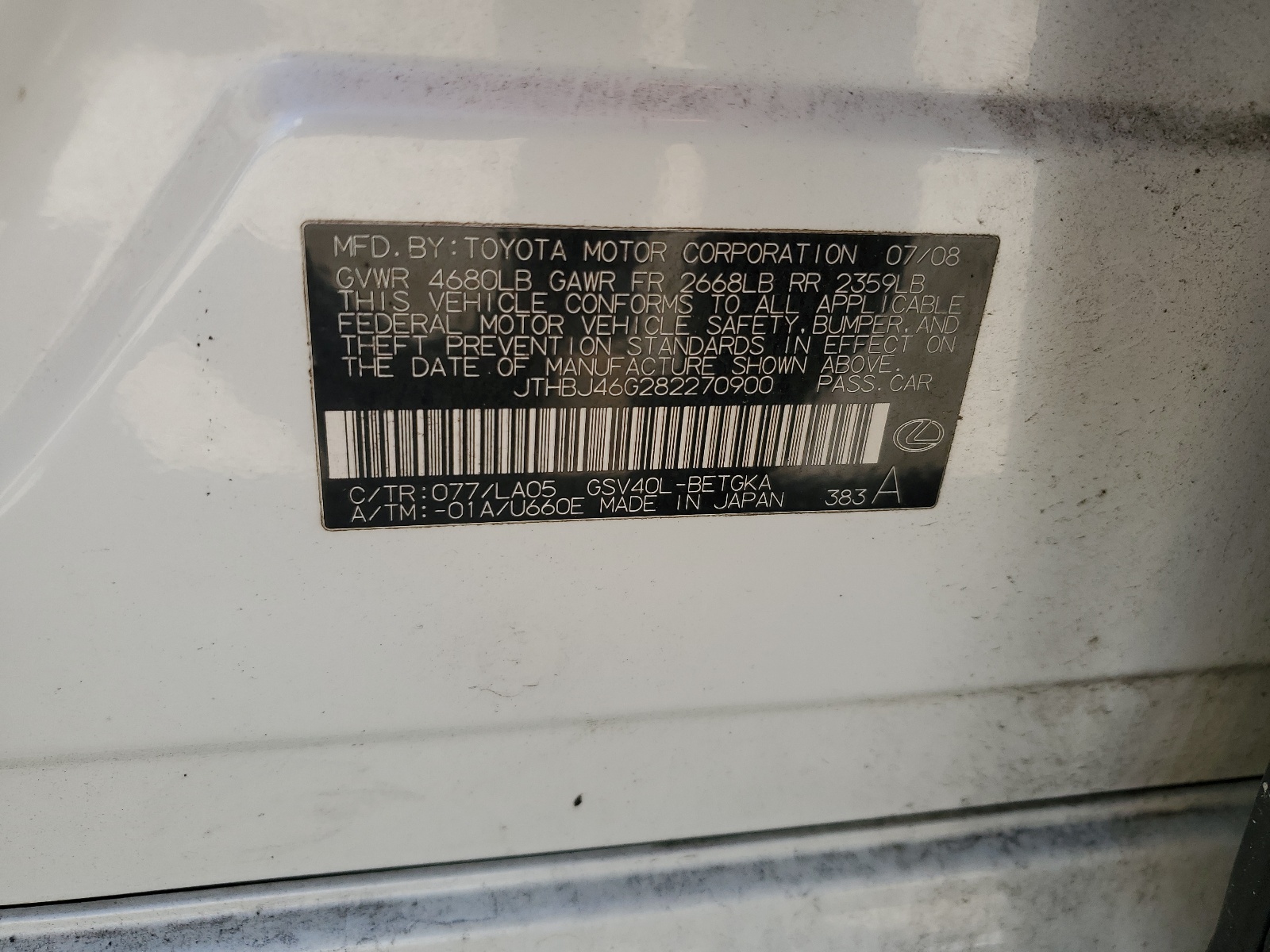 JTHBJ46G282270900 2008 Lexus Es 350