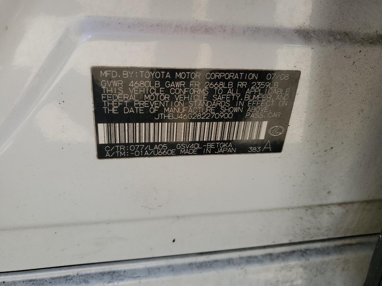 2008 Lexus Es 350 VIN: JTHBJ46G282270900 Lot: 47464734