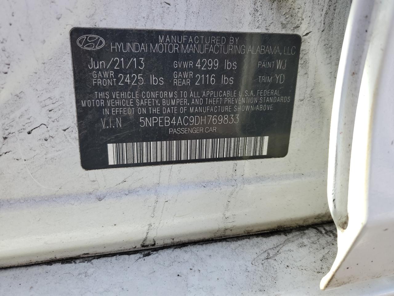 2013 Hyundai Sonata Gls VIN: 5NPEB4AC9DH769833 Lot: 45422614