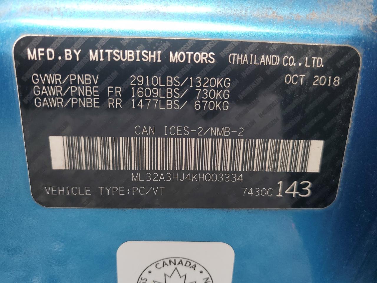 ML32A3HJ4KH003334 2019 Mitsubishi Mirage Es