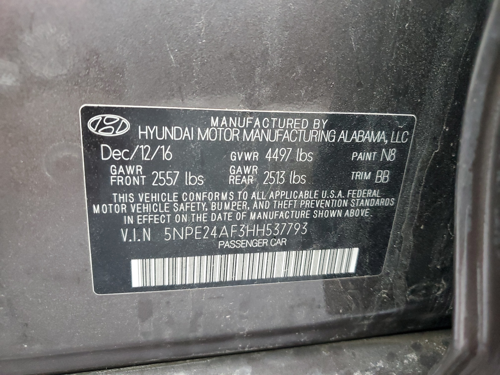 2017 Hyundai Sonata Se vin: 5NPE24AF3HH537793