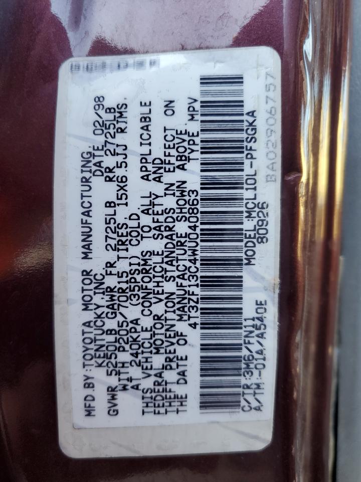 1998 Toyota Sienna Le VIN: 4T3ZF13C4WU040863 Lot: 46961274