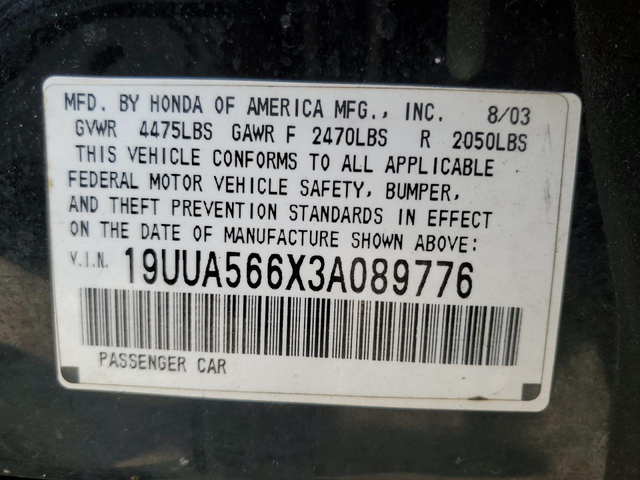 2003 Acura 3.2Tl VIN: 19UUA566X3A089776 Lot: 47012064