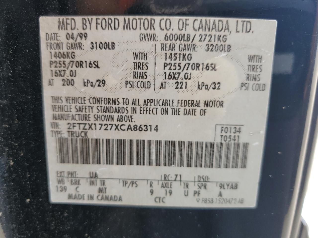 1999 Ford F150 VIN: 2FTZX1727XCA86314 Lot: 45777194