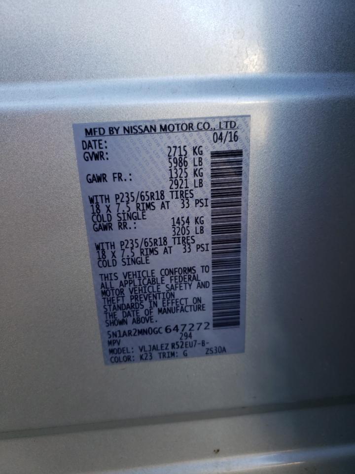 2016 Nissan Pathfinder S VIN: 5N1AR2MN0GC647272 Lot: 48260704