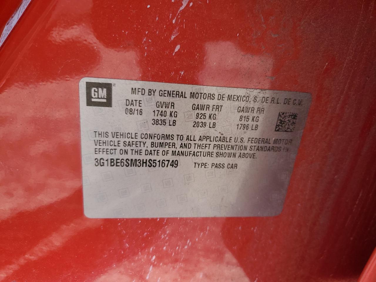 2017 Chevrolet Cruze Lt VIN: 3G1BE6SM3HS516749 Lot: 63285924