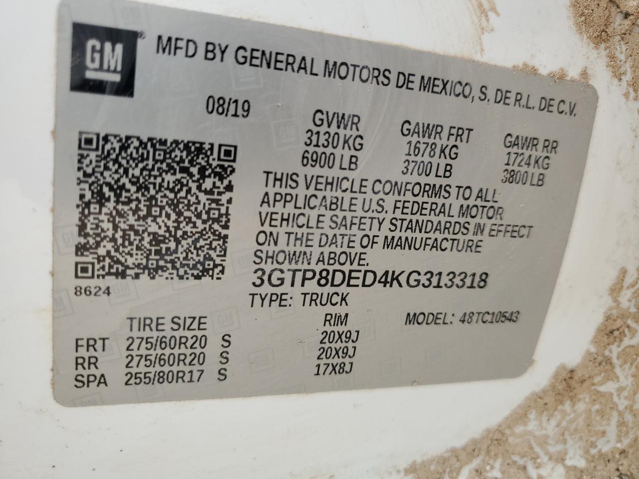 2019 GMC Sierra C1500 Slt VIN: 3GTP8DED4KG313318 Lot: 45776594