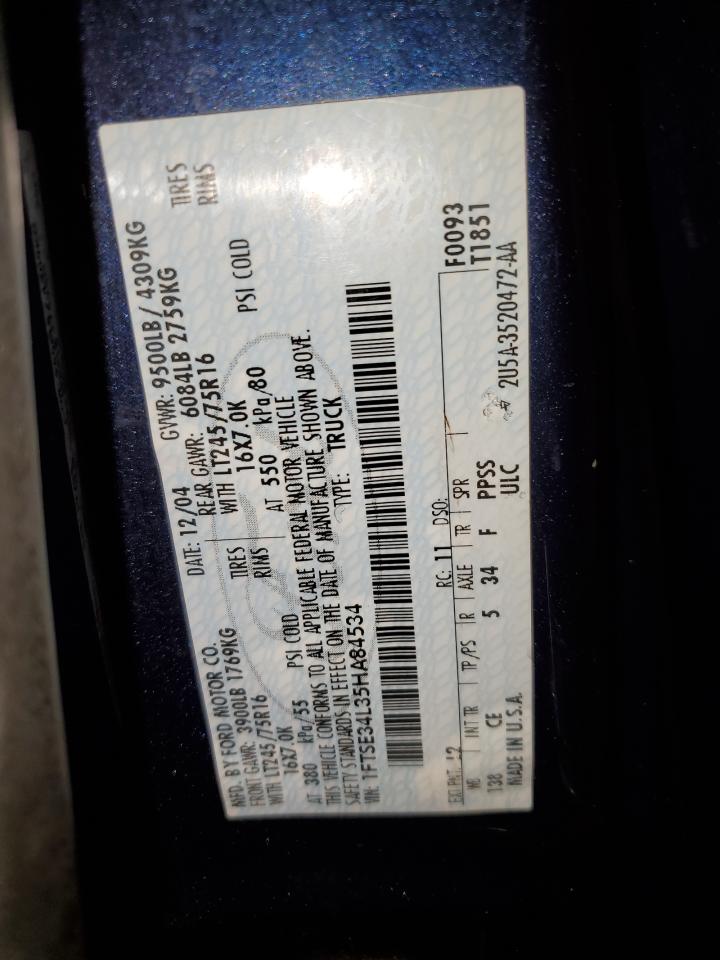 2005 Ford Econoline E350 Super Duty Van VIN: 1FTSE34L35HA84534 Lot: 46375064