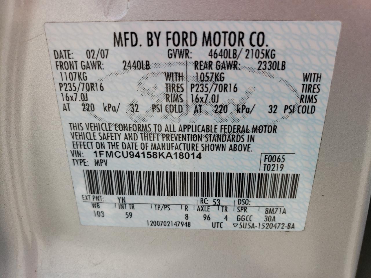 2008 Ford Escape Limited VIN: 1FMCU94158KA18014 Lot: 48977284