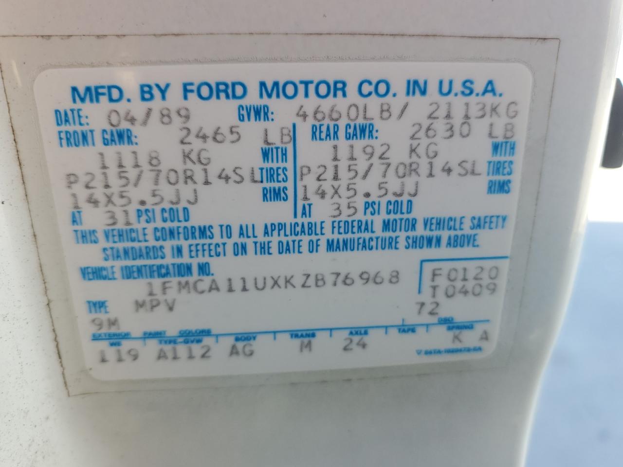 1989 Ford Aerostar VIN: 1FMCA11UXKZB76968 Lot: 46707274