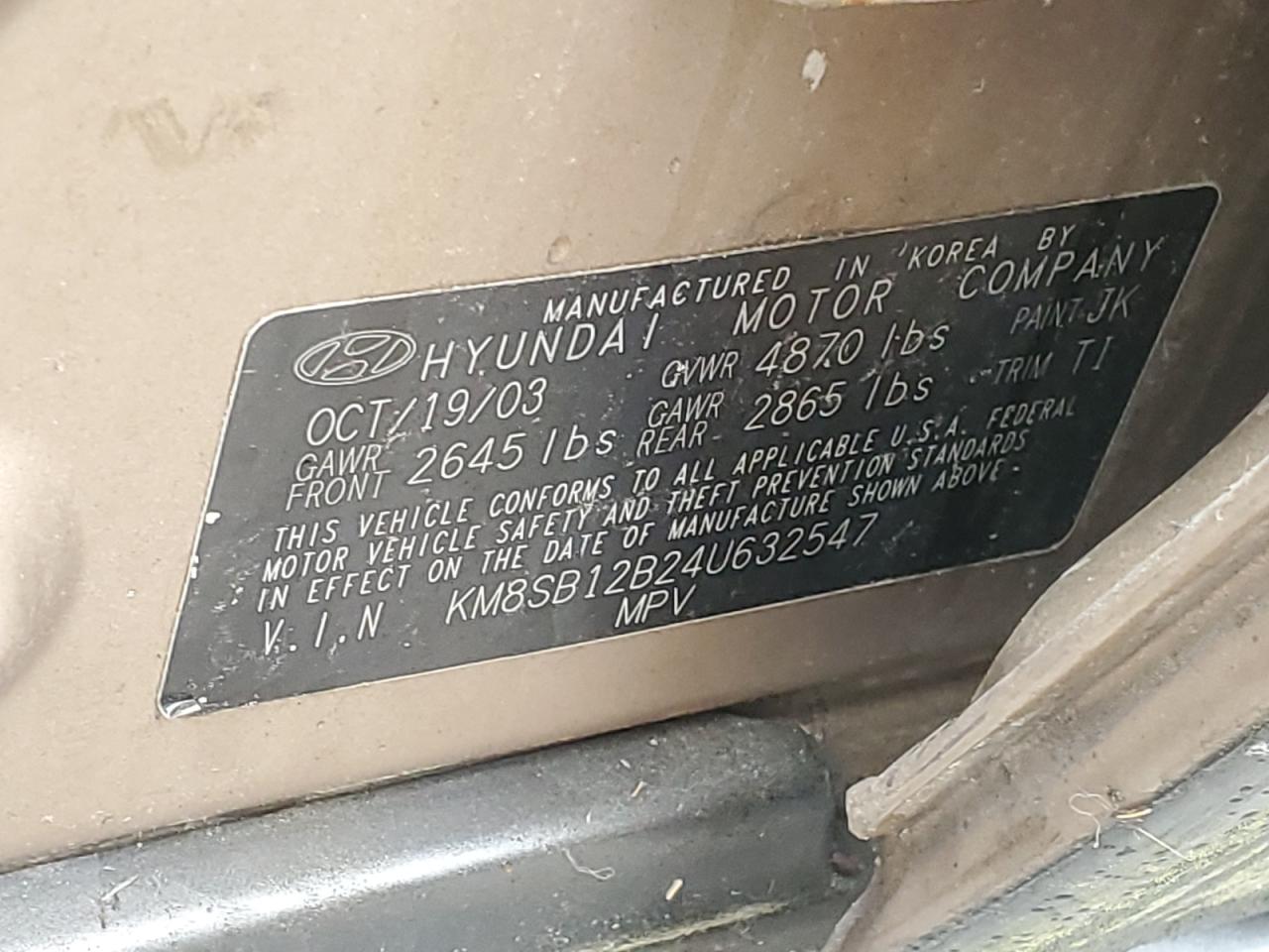 KM8SB12B24U632547 2004 Hyundai Santa Fe Gl