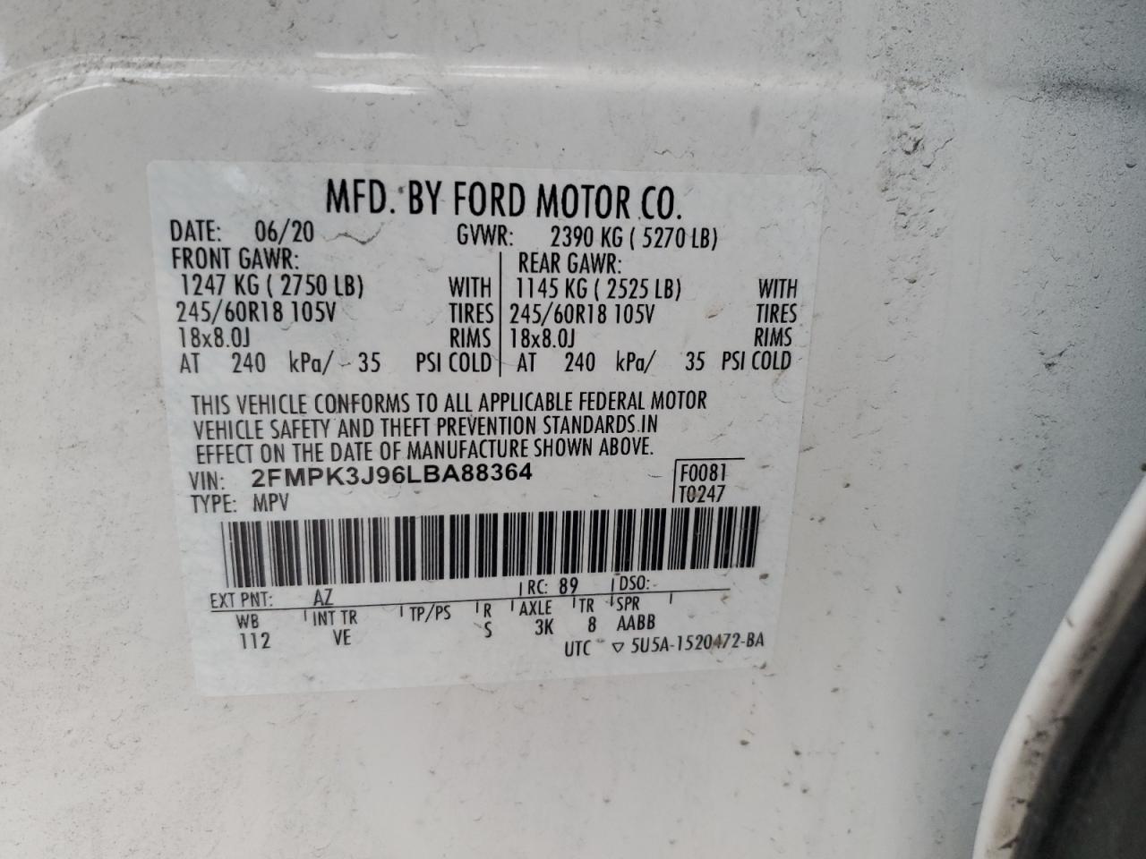 2020 Ford Edge Sel VIN: 2FMPK3J96LBA88364 Lot: 47391744