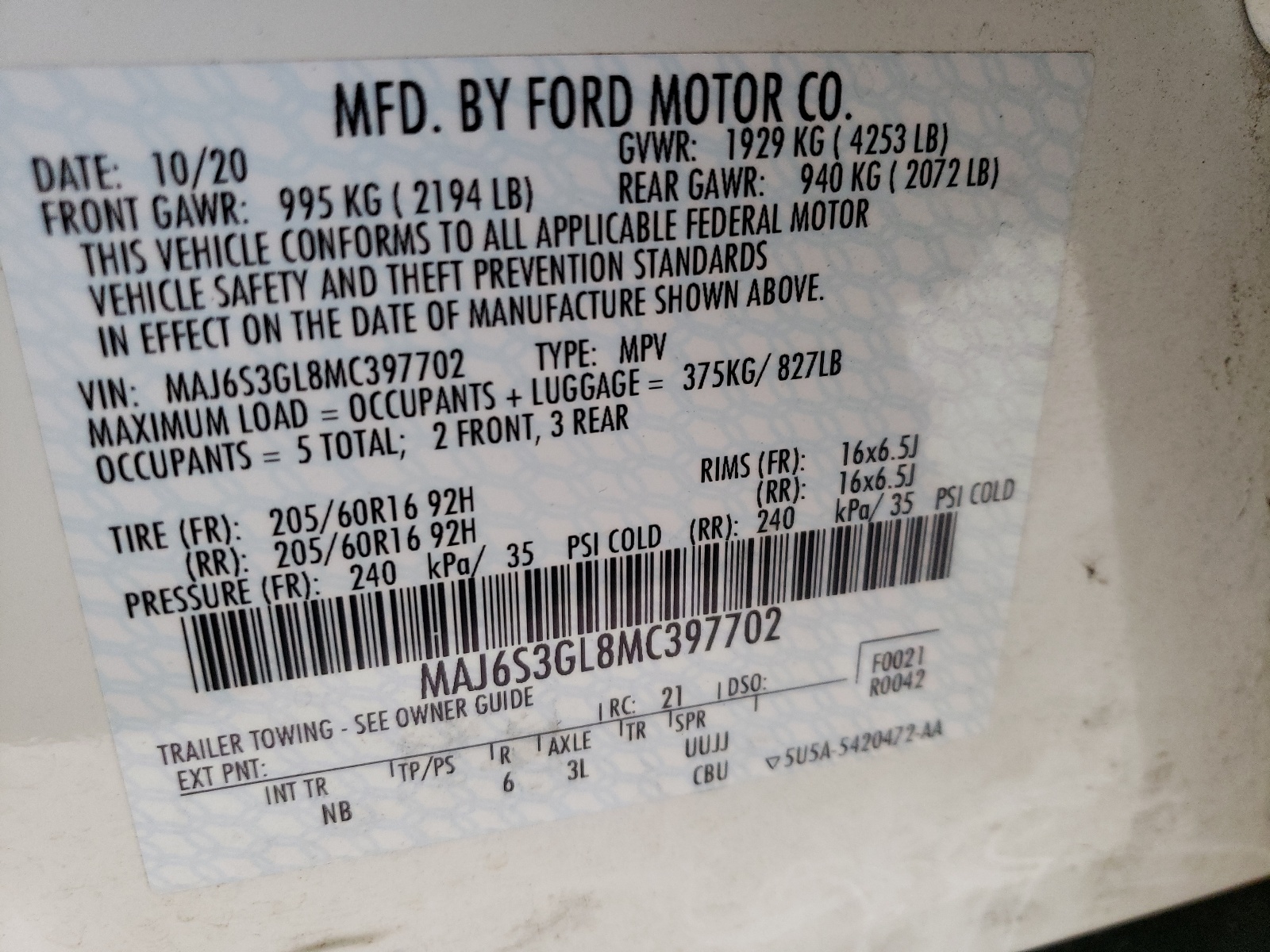 MAJ6S3GL8MC397702 2021 Ford Ecosport Se