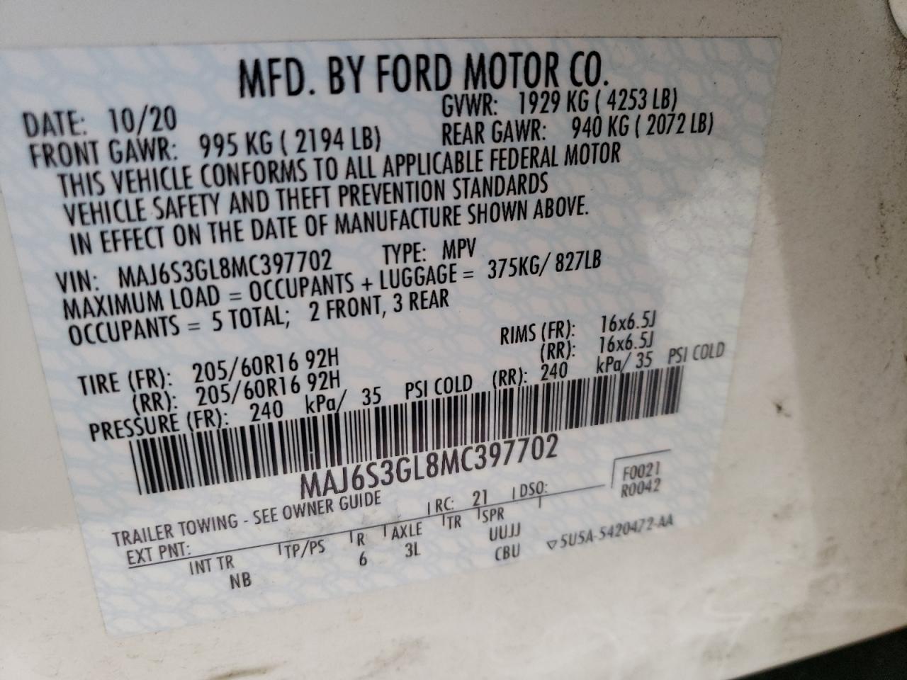 2021 Ford Ecosport Se VIN: MAJ6S3GL8MC397702 Lot: 53417574