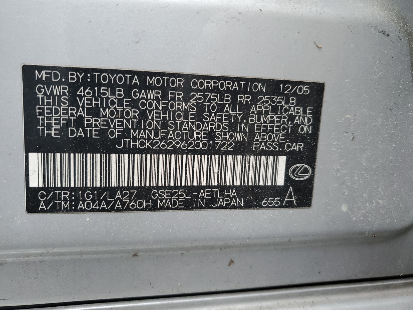 JTHCK262962001722 2006 Lexus Is 250