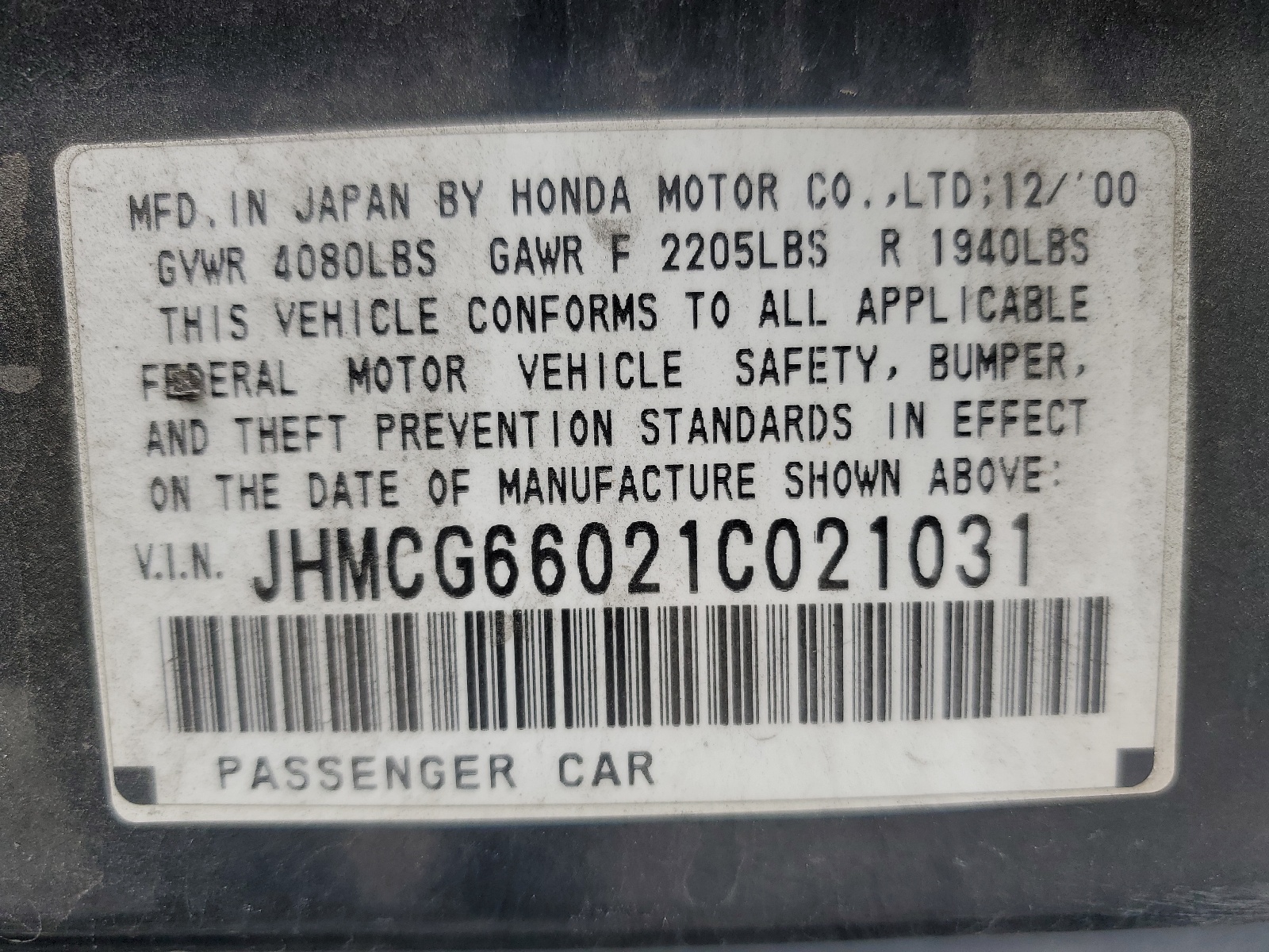 JHMCG66021C021031 2001 Honda Accord Ex
