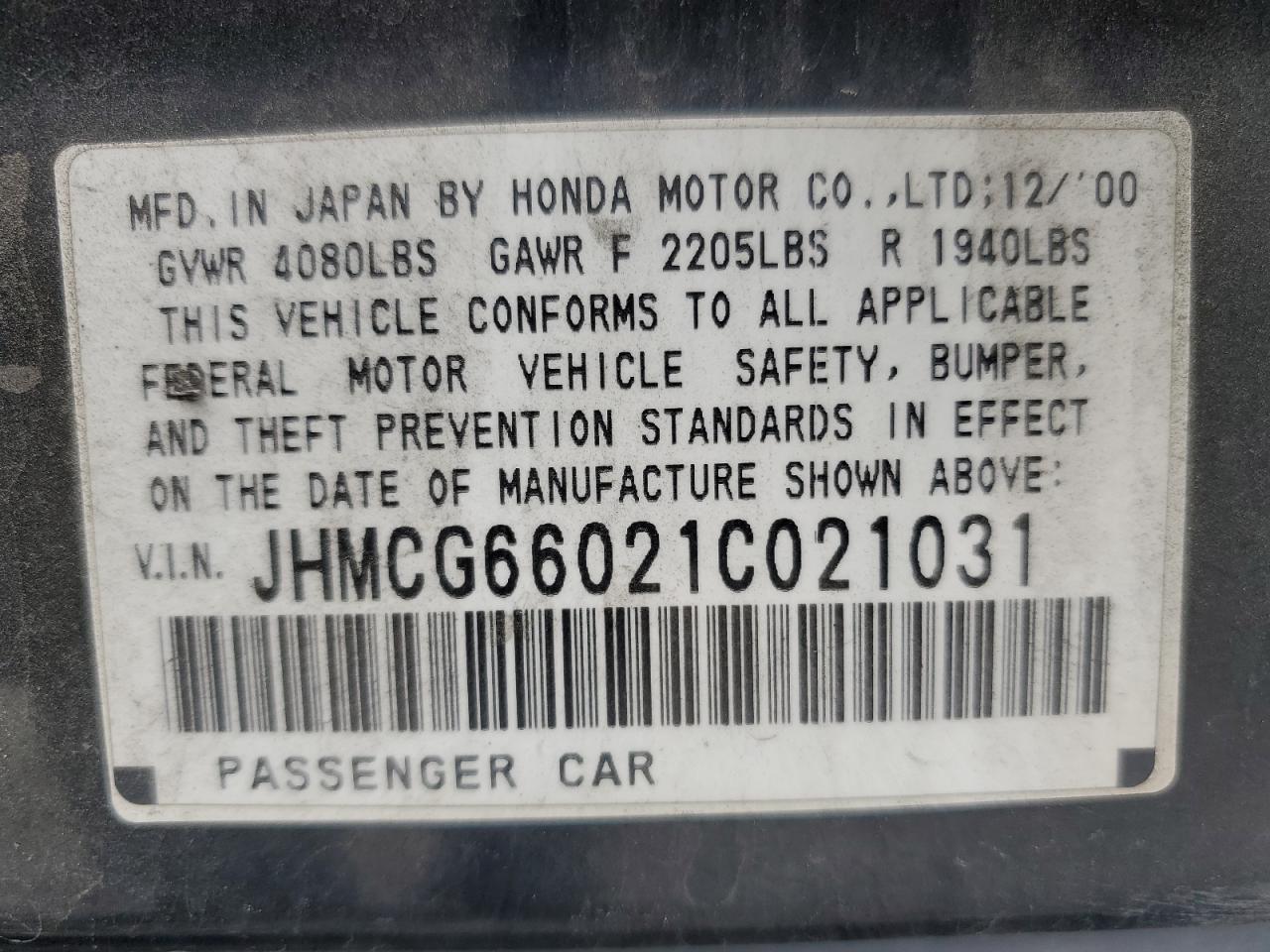 2001 Honda Accord Ex VIN: JHMCG66021C021031 Lot: 45565964