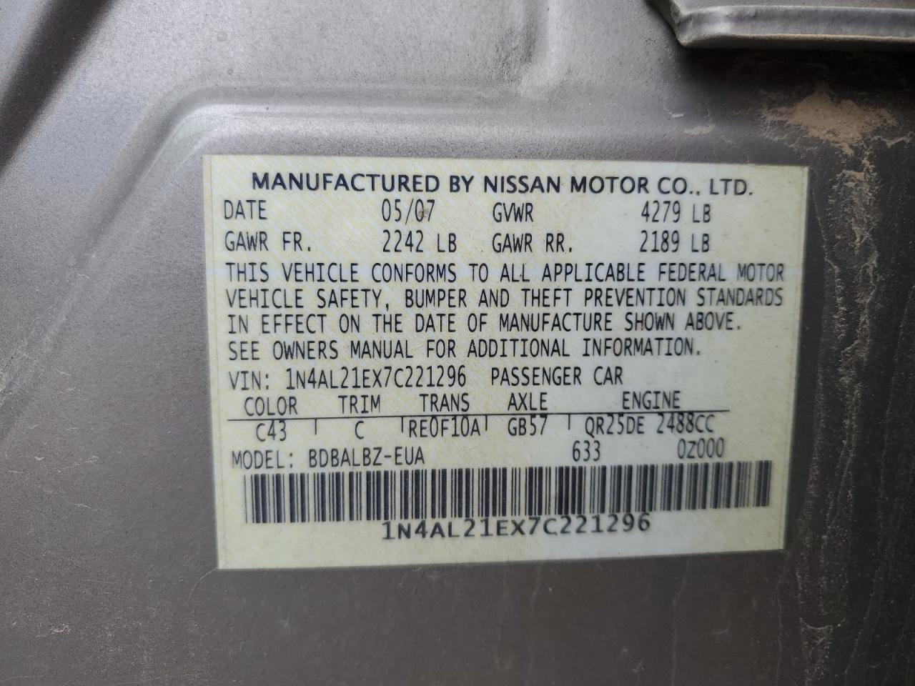 1N4AL21EX7C221296 2007 Nissan Altima 2.5