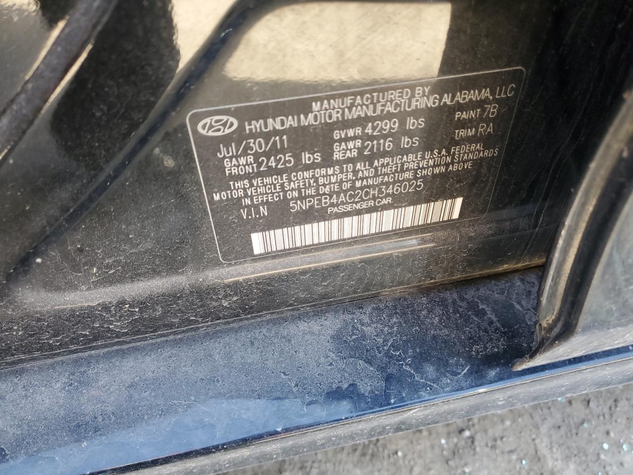 2012 Hyundai Sonata Gls VIN: 5NPEB4AC2CH346025 Lot: 48631804