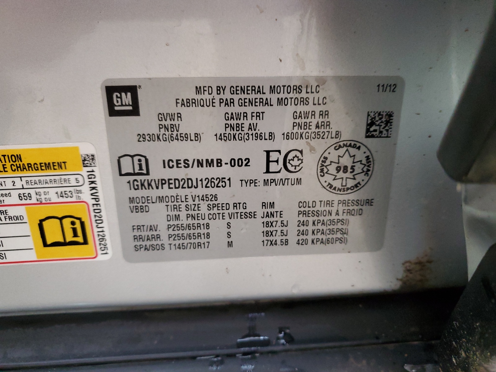 1GKKVPED2DJ126251 2013 GMC Acadia Sle