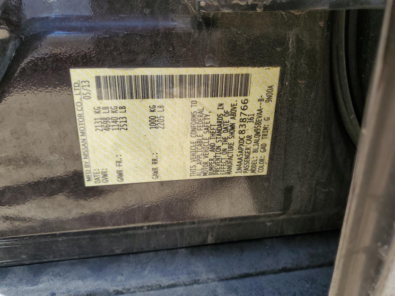 2013 Nissan Maxima S VIN: 1N4AA5APXDC838766 Lot: 46497164