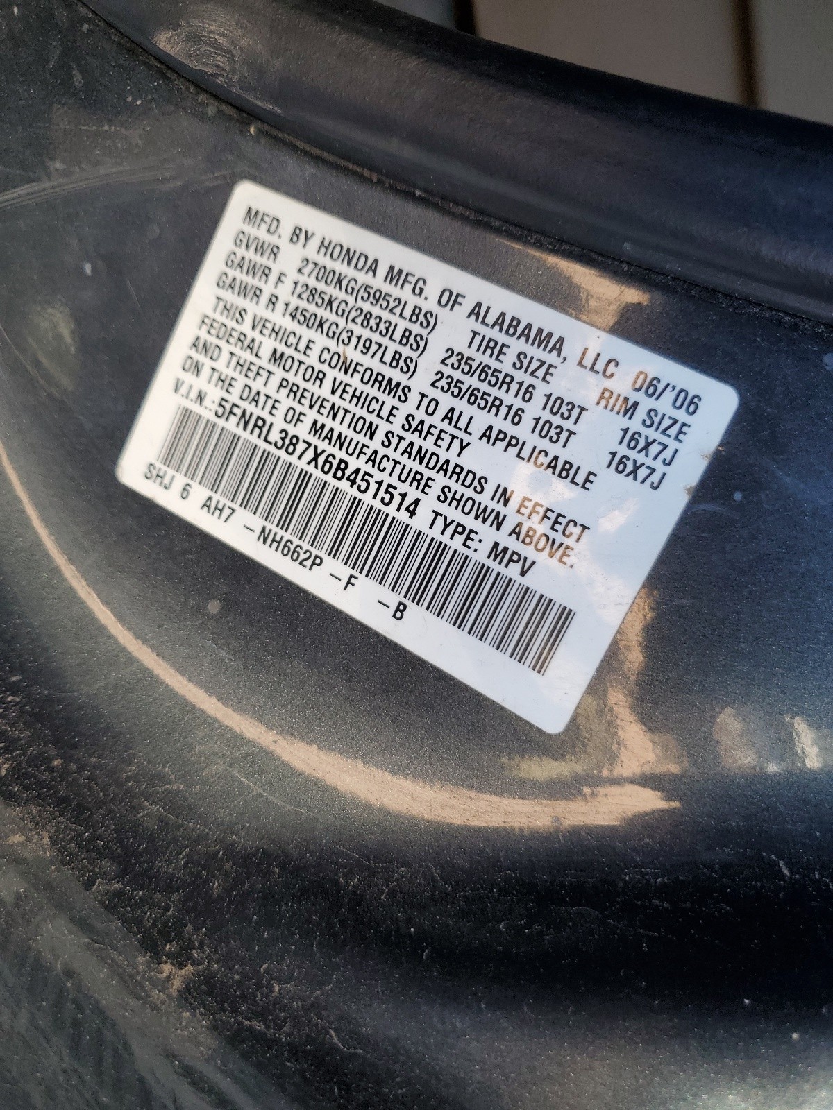 5FNRL387X6B451514 2006 Honda Odyssey Exl