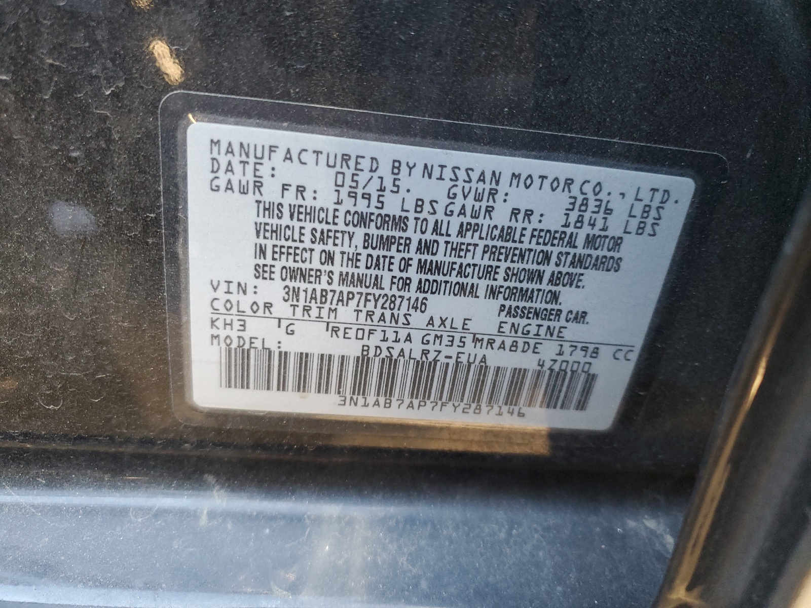 3N1AB7AP7FY287146 2015 Nissan Sentra S