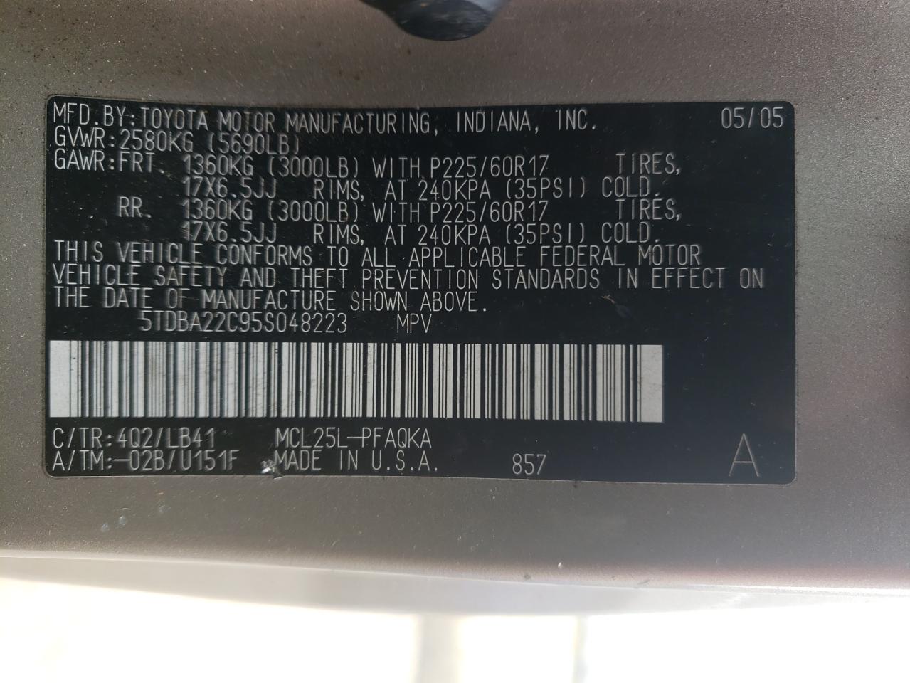 5TDBA22C95S048223 2005 Toyota Sienna Xle