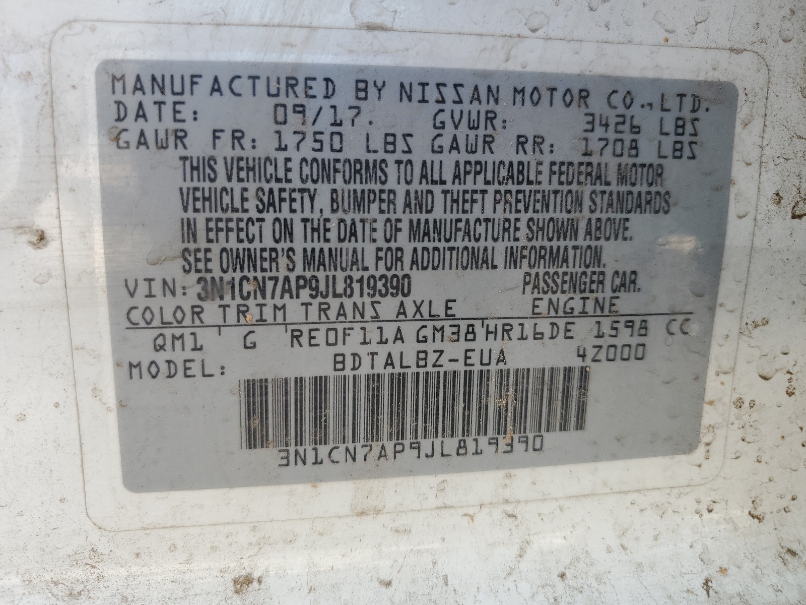 3N1CN7AP9JL819390 2018 Nissan Versa S