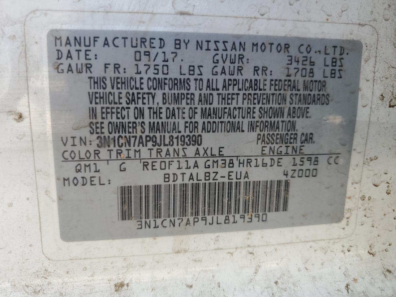 2018 Nissan Versa S VIN: 3N1CN7AP9JL819390 Lot: 47408314