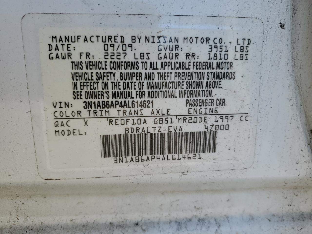 2010 Nissan Sentra 2.0 VIN: 3N1AB6AP4AL614621 Lot: 47855684