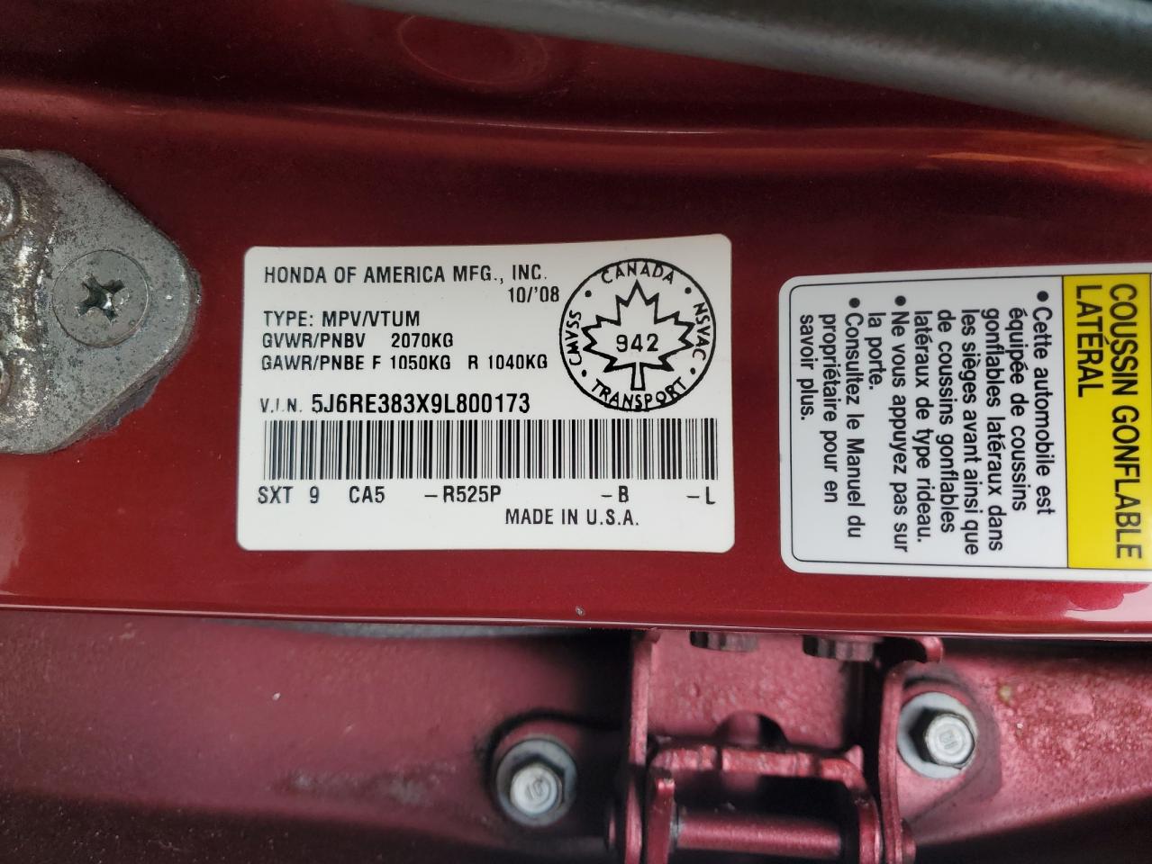 2009 Honda Cr-V Lx VIN: 5J6RE383X9L800173 Lot: 47334264