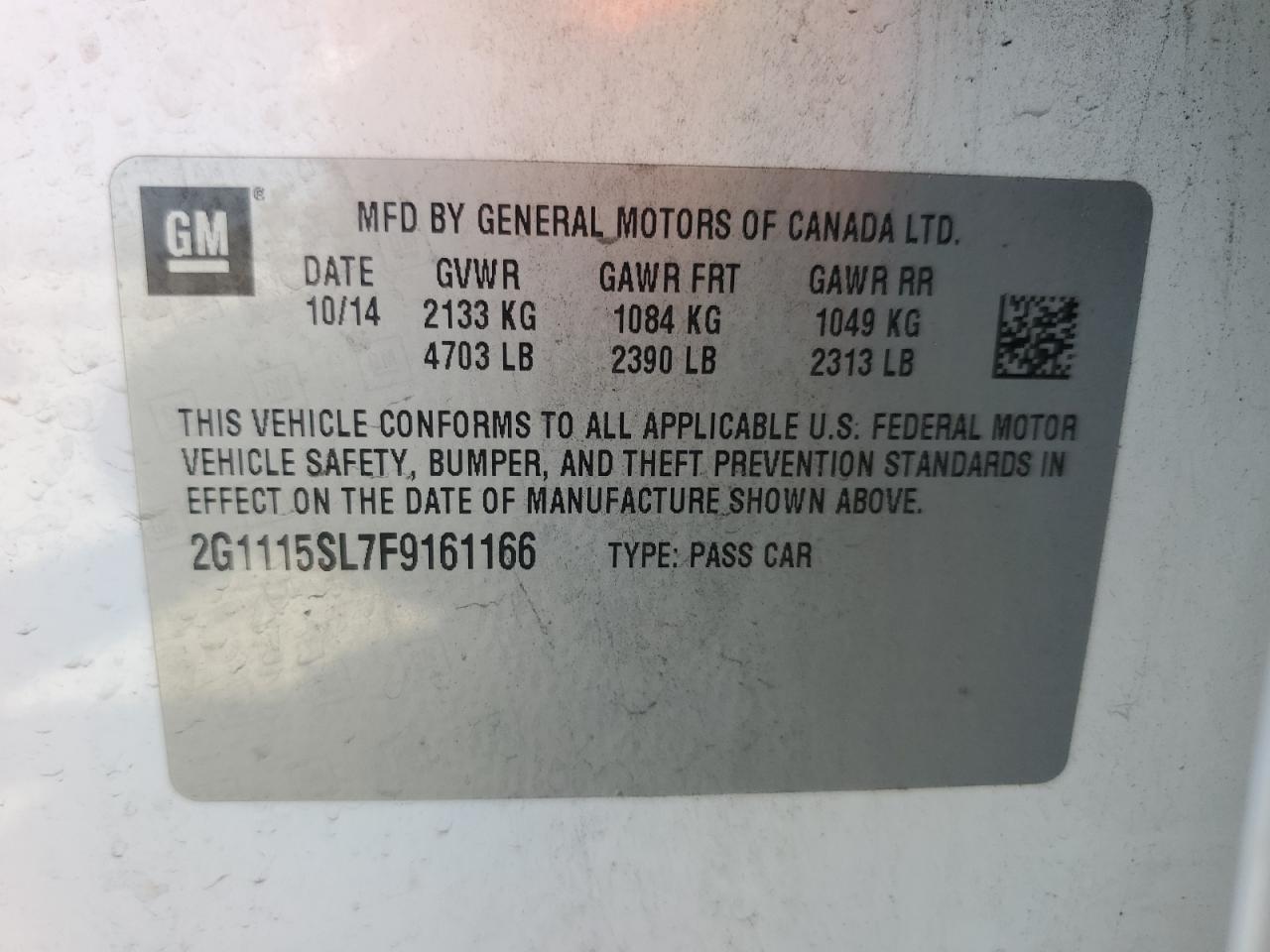 2G1115SL7F9161166 2015 Chevrolet Impala Lt