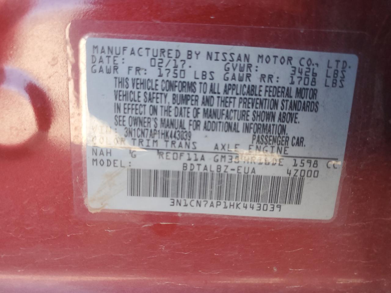 3N1CN7AP1HK443039 2017 Nissan Versa S