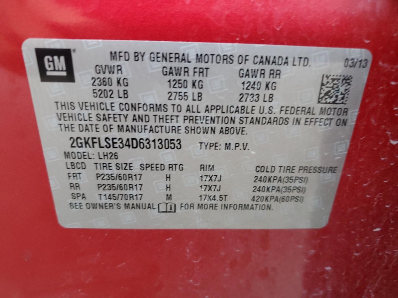 2013 GMC Terrain Sle VIN: 2GKFLSE34D6313053 Lot: 48307304