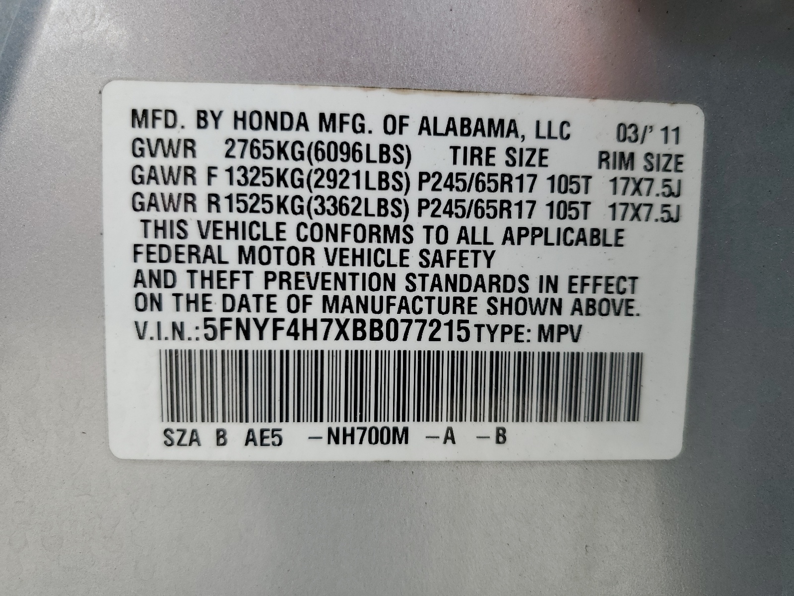 5FNYF4H7XBB077215 2011 Honda Pilot Exln